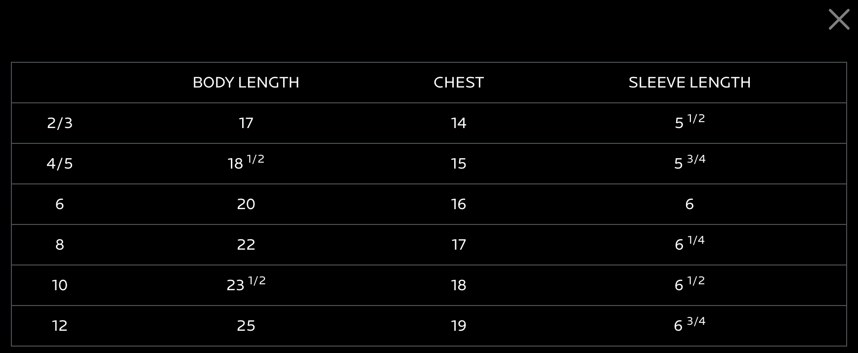 Measurement chart for clothing with body length, chest, and sleeve length dimensions.
